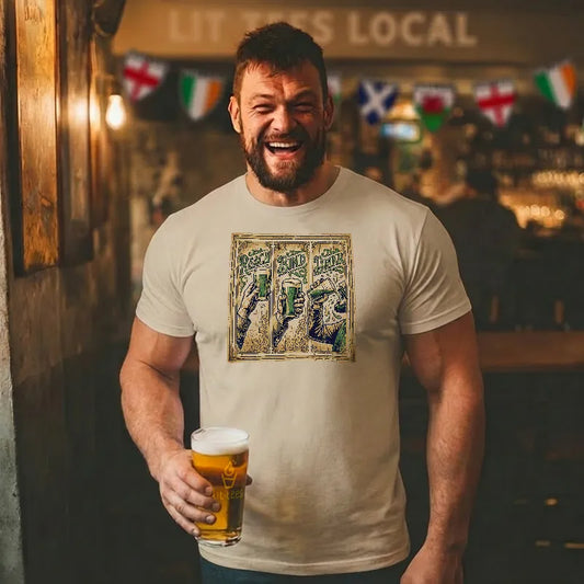 Man holding a beer in a pub wearing a white rugby t shirt wit text saying 'Reach, Bind, Sip'