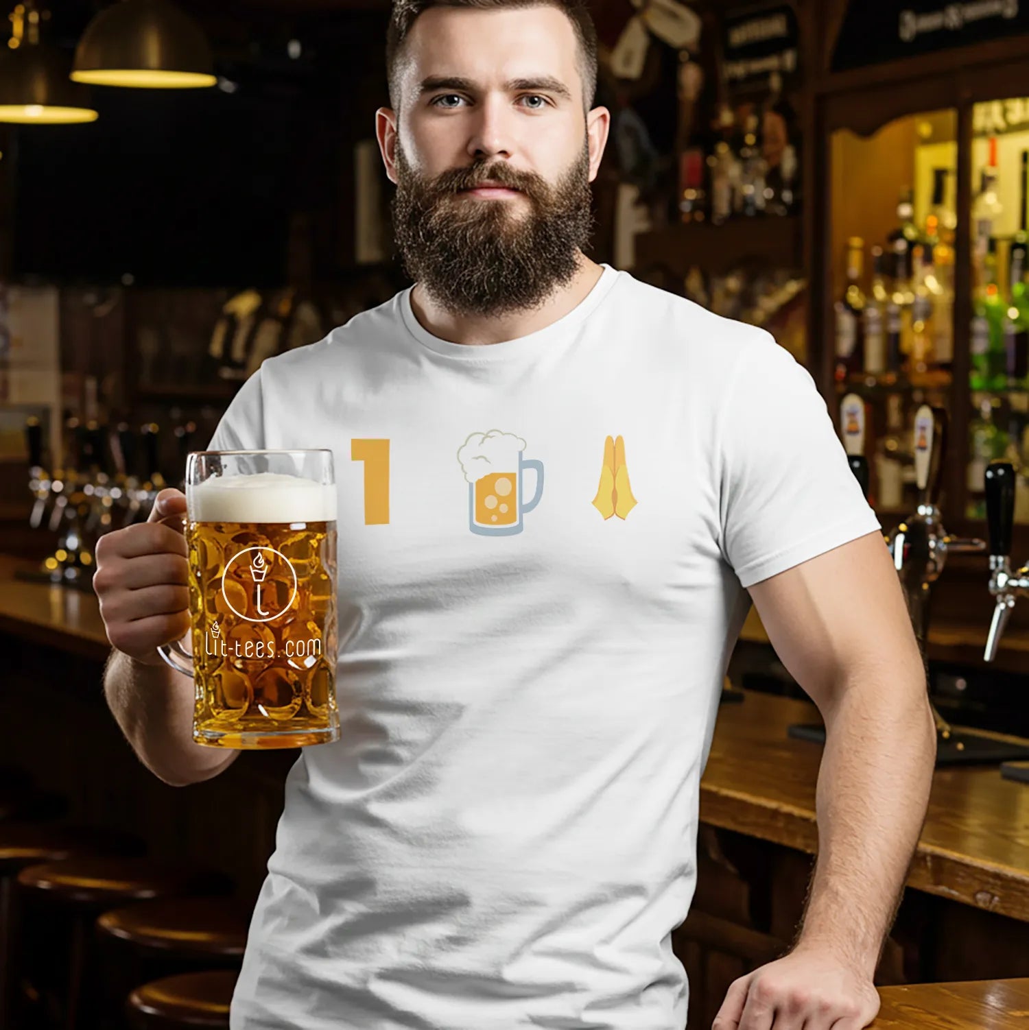Man holding a beer glass wearing a white t-shirt with '1 beer please' in icon style in a bar setting