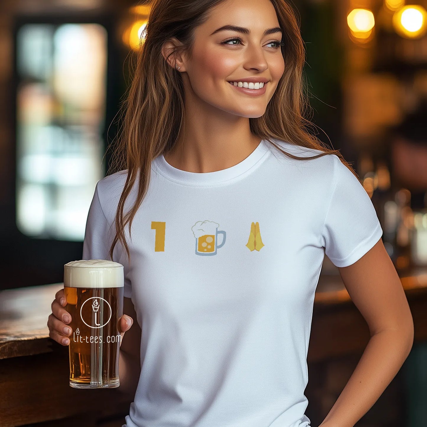 Woman holding a beer glass wearing a white t-shirt with '1 beer please' in icon style in a bar setting