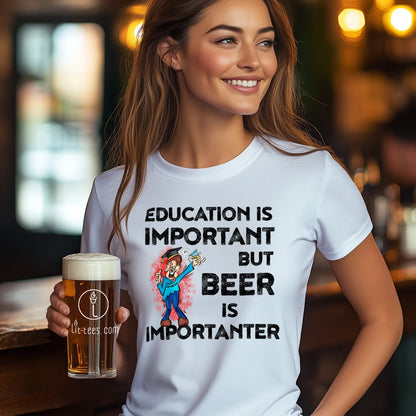 Woman wearing a white  tee shirt saying 'Education is important but beer is importanter' in cartoon style holding a beer in a bar setting.
