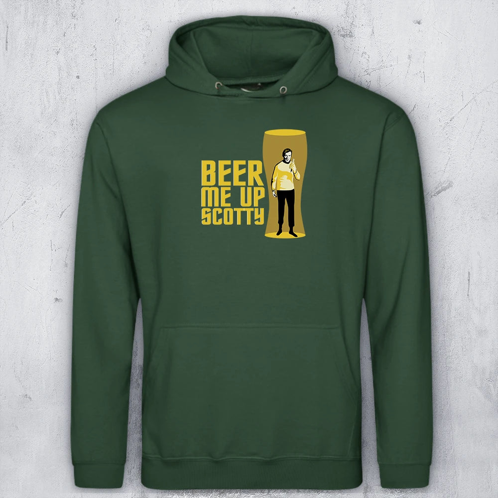 A green hoodie with a graphic featuring the text 'BEER ME UP SCOTTY' in yellow next to a yellow beer glass illustration containing Captain Kirk in a transporter beam