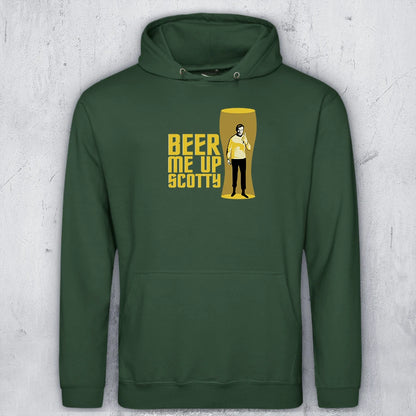A green hoodie with a graphic featuring the text 'BEER ME UP SCOTTY' in yellow next to a yellow beer glass illustration containing Captain Kirk in a transporter beam