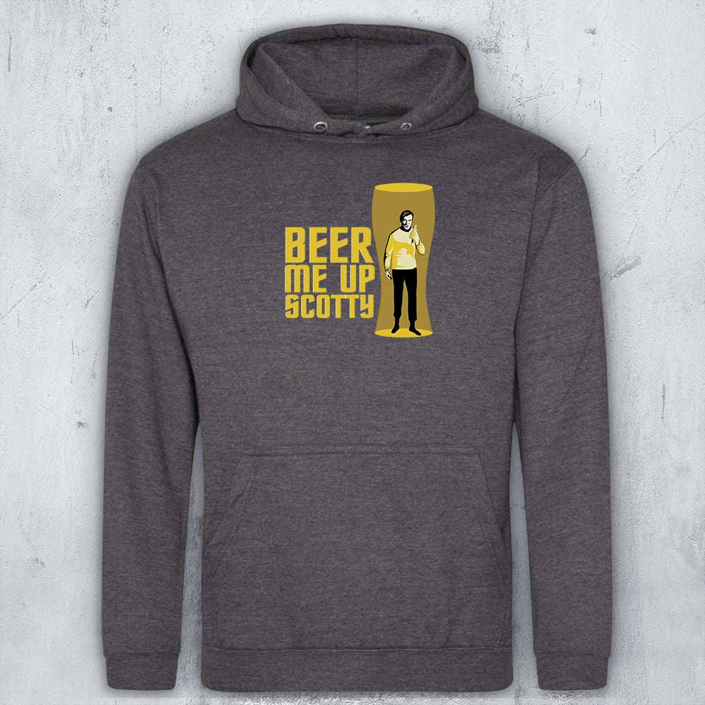 A dark gray hoodie with a graphic featuring the text 'BEER ME UP SCOTTY' in yellow next to a yellow beer glass illustration containing Captain Kirk in a transporter beam