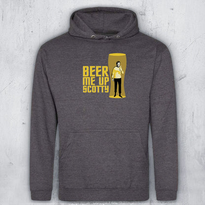 A dark gray hoodie with a graphic featuring the text 'BEER ME UP SCOTTY' in yellow next to a yellow beer glass illustration containing Captain Kirk in a transporter beam