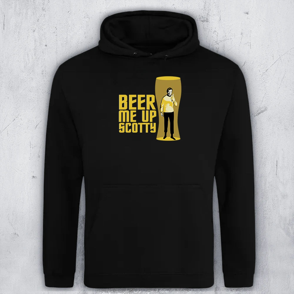 A black hoodie with a graphic featuring the text 'BEER ME UP SCOTTY' in yellow next to a yellow beer glass illustration containing Captain Kirk in a transporter beam