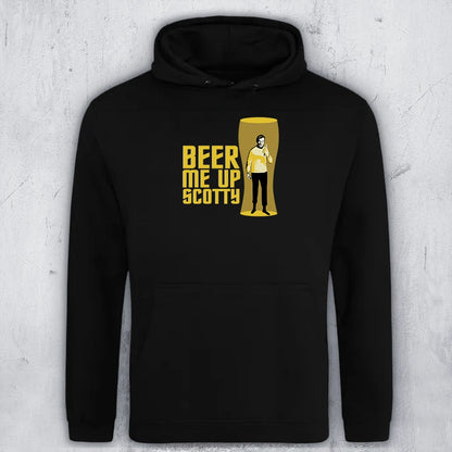 A black hoodie with a graphic featuring the text 'BEER ME UP SCOTTY' in yellow next to a yellow beer glass illustration containing Captain Kirk in a transporter beam