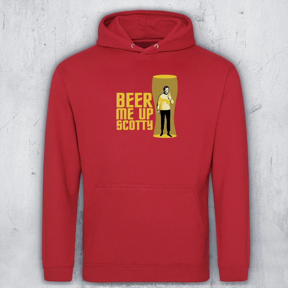 A red hoodie with a graphic featuring the text 'BEER ME UP SCOTTY' in yellow next to a yellow beer glass illustration containing Captain Kirk in a transporter beam