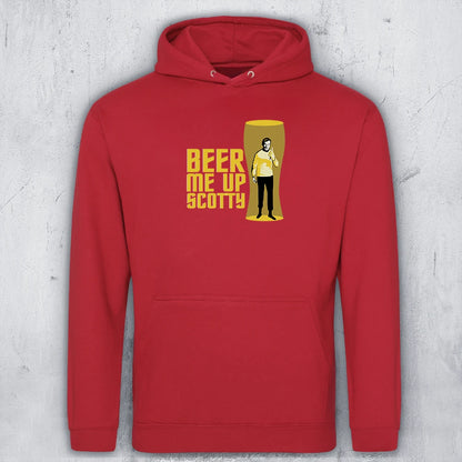 A red hoodie with a graphic featuring the text 'BEER ME UP SCOTTY' in yellow next to a yellow beer glass illustration containing Captain Kirk in a transporter beam