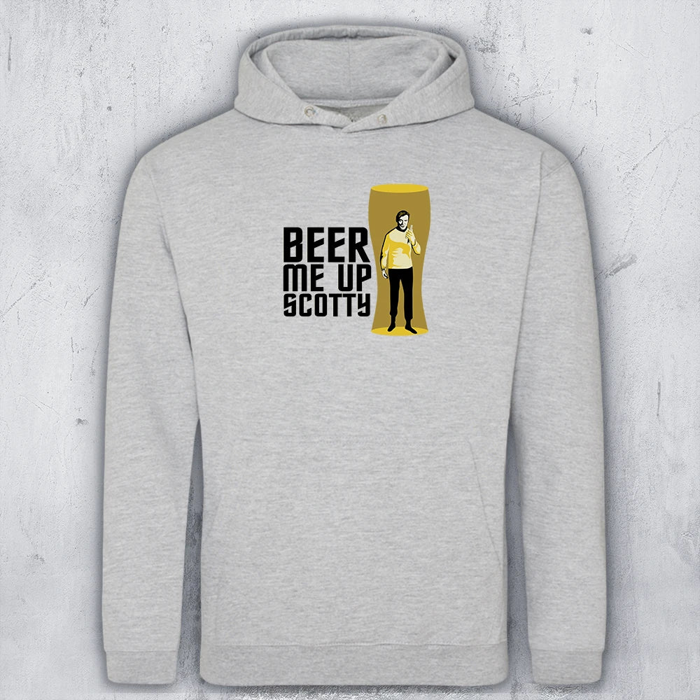 A light gray pullover hoodie with a graphic on the chest featuring the text 'BEER ME UP SCOTTY' in black next to a yellow beer glass illustration containing Captain Kirk in a transporter beam