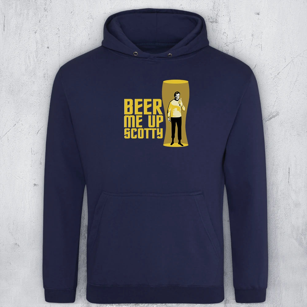 A  blue hoodie with a graphic featuring the text 'BEER ME UP SCOTTY' in yellow next to a yellow beer glass illustration containing Captain Kirk in a transporter beam