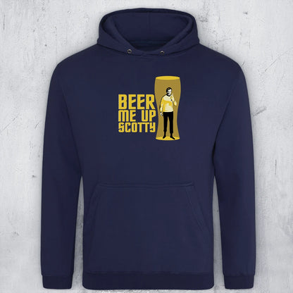 A  blue hoodie with a graphic featuring the text 'BEER ME UP SCOTTY' in yellow next to a yellow beer glass illustration containing Captain Kirk in a transporter beam