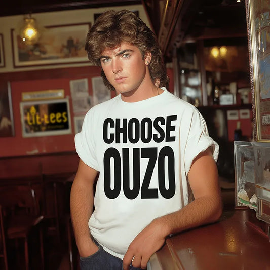 Person wearing a 'CHOOSE OUZO' t-shirt in a bar setting