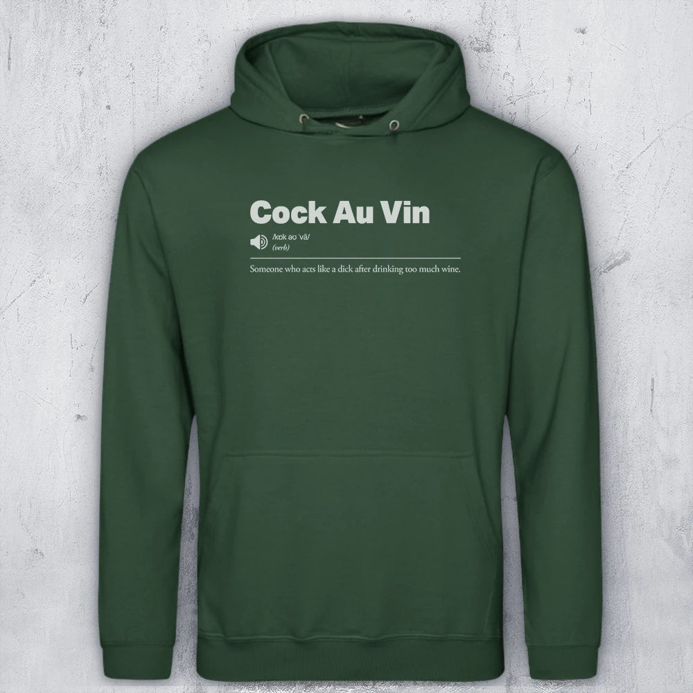 A dark green pullover hoodie with a white graphic print on the chest reading 'Sauvignon Blank' and funny definition-style text underneath, shown against a light gray textured wall.