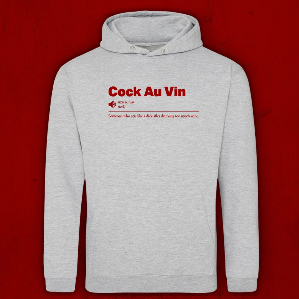 A light heather gray pullover hoodie with a red graphic print on the chest reading 'Cock Au Vin' and a humorous definition underneath, displayed against a solid dark red background.