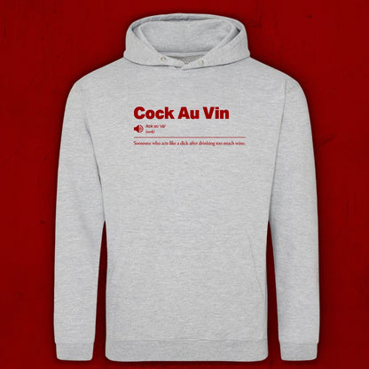 A light heather gray pullover hoodie with a red graphic print on the chest reading 'Cock Au Vin' and a humorous definition underneath, displayed against a solid dark red background.