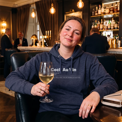 A woman sitting in a bar or lounge setting, wearing a navy blue hoodie with white text that reads 'Sauvignon Blank' and holding a glass of white wine.