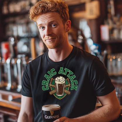 Man wearing a black t-shirt with 'Craic Attack' design, holding a pint of Guinness  in a bar setting.