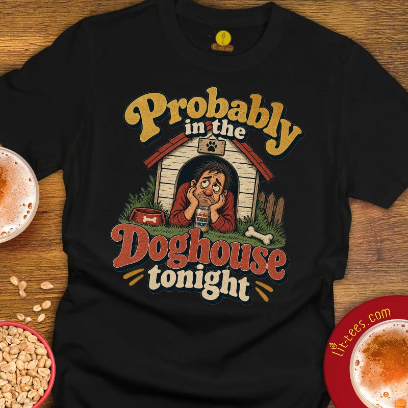 A black graphic t-shirt laid flat on a wooden surface, featuring a cartoon dog sitting in front of a doghouse with the text 'Probably in the Doghouse tonight'. The shirt is styled with coffee cups, peanuts, and a red plate in the corners.