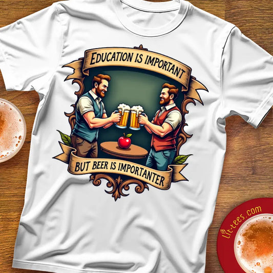 White t-shirt with graphic design of two men holding beer mugs, with text 'Education is important but beer is importanter' on a wooden surface.