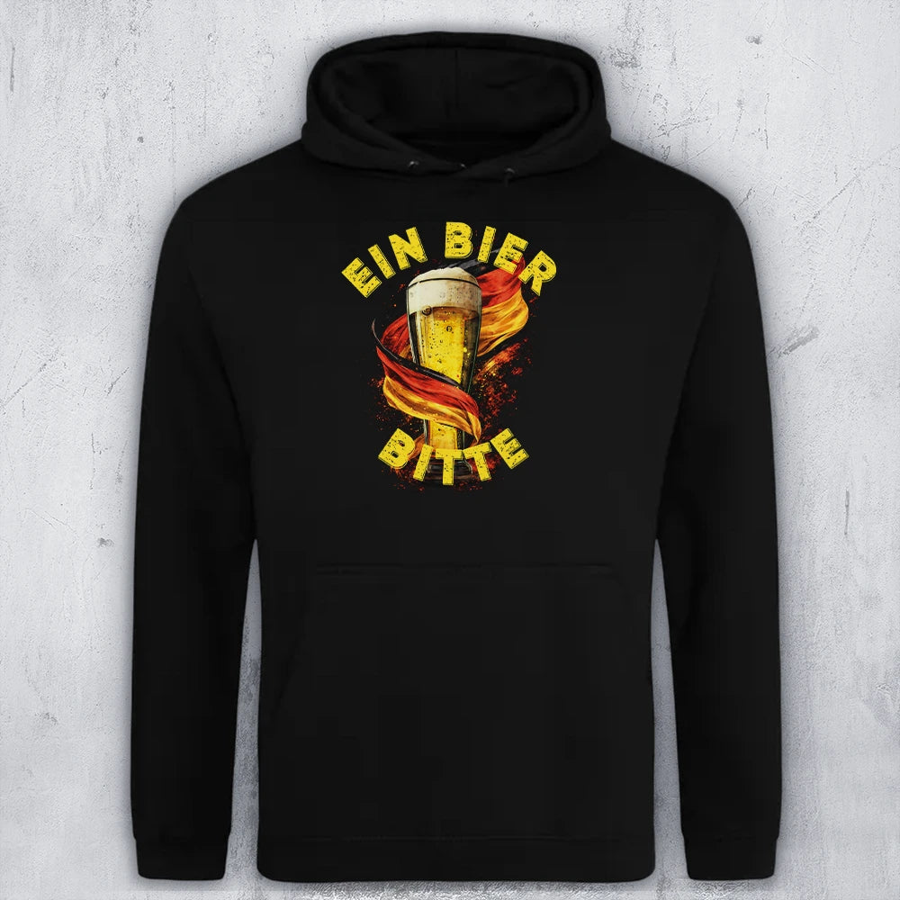 A black pullover hoodie with a graphic on the chest showing a beer glass and the German text 'EIN BIER BITTE' in yellow and orange-red tones, displayed against a light gray textured background.