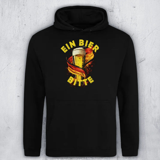 A black pullover hoodie with a graphic on the chest showing a beer glass and the German text 'EIN BIER BITTE' in yellow and orange-red tones, displayed against a light gray textured background.