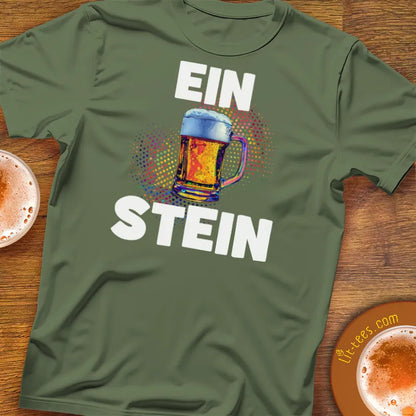 Green t-shirt with 'EIN STEIN' design featuring a beer mug on a wooden surface.