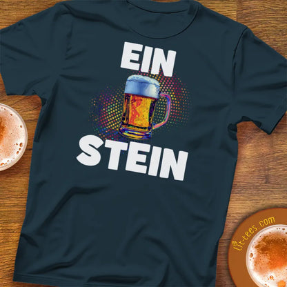 Navy blue t-shirt with 'EIN STEIN' design featuring a glass of beer on a wooden surface.