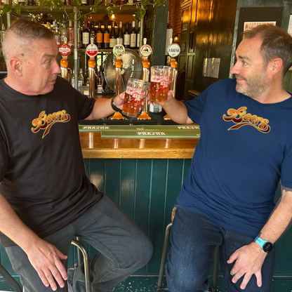 2 men wearing Tee shirts reading 'Beers'