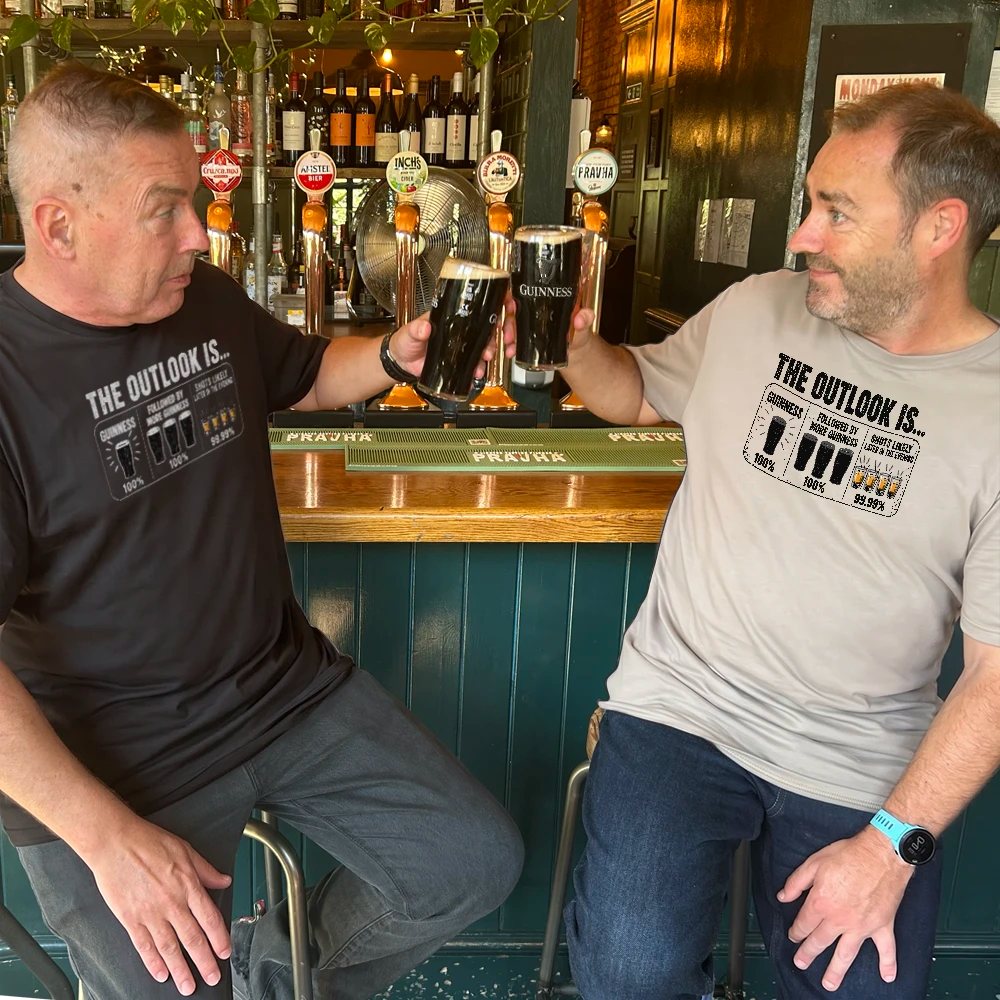 The outlook is Guinness worn by 2 men cheersing Guinness