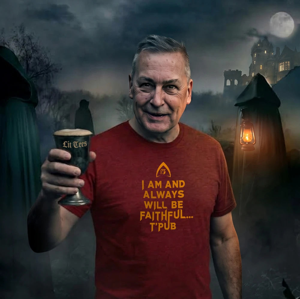 A man wearing a red graphic t-shirt with yellow text that reads 'I AM AND ALWAYS WILL BE FAITHFUL T'PUB'.