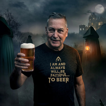 A man in a dark t-shirt holding a pint of beer, set against a spooky, foggy gothic background with cloaked figures and a full moon. The t-shirt features a graphic with the text 'I AM AND ALWAYS WILL BE FAITHFUL TO BEER'.