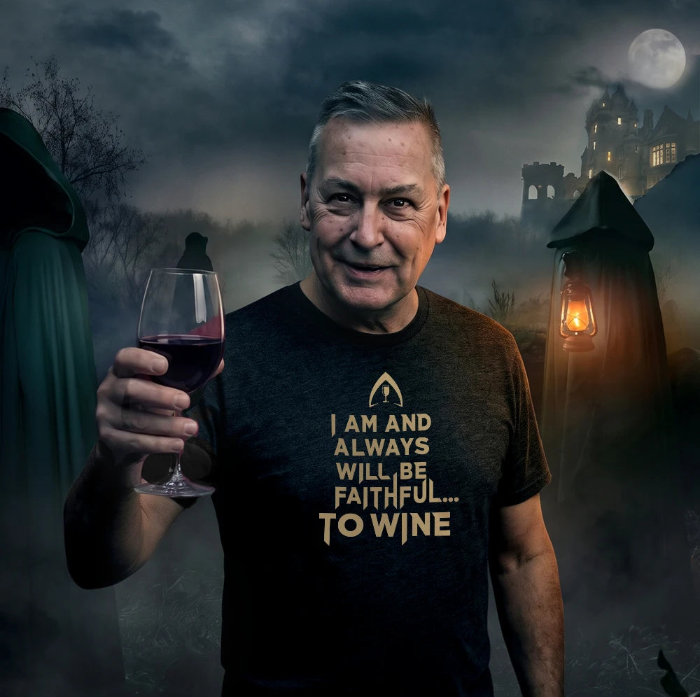 A man wearing a black graphic t-shirt with the text 'I AM AND ALWAYS WILL BE FAITHFUL TO WINE'.