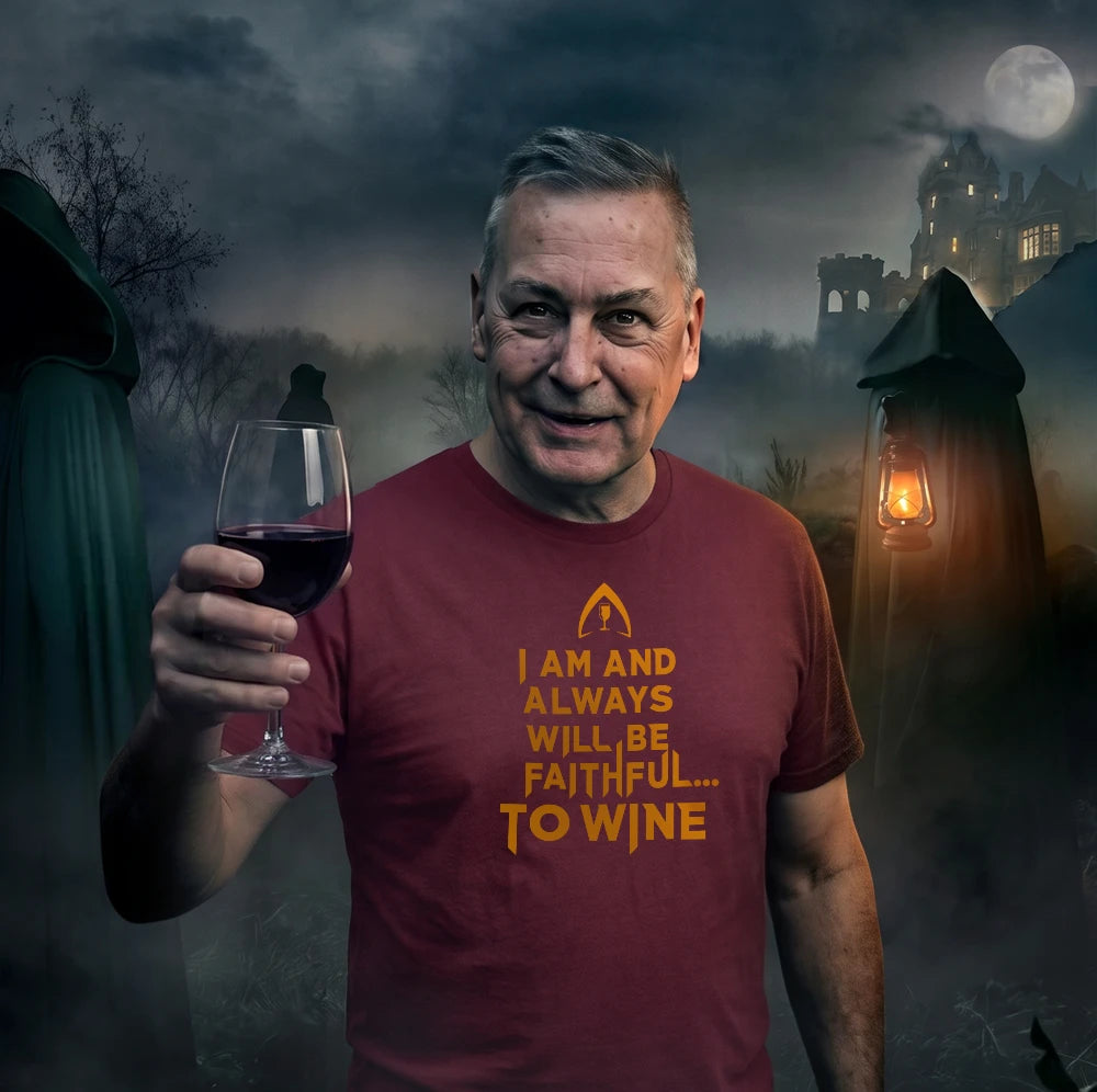 A man wearing a maroon t-shirt with a yellow graphic that reads 'I AM AND ALWAYS WILL BE FAITHFUL TO WINE'.