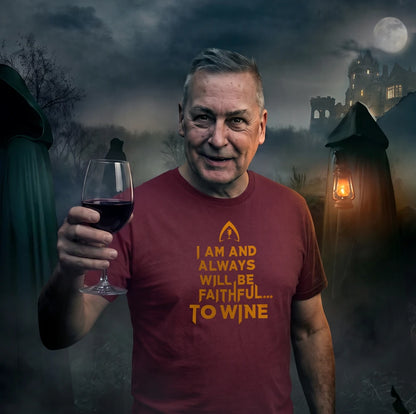 A man wearing a maroon t-shirt with a yellow graphic that reads 'I AM AND ALWAYS WILL BE FAITHFUL TO WINE'.
