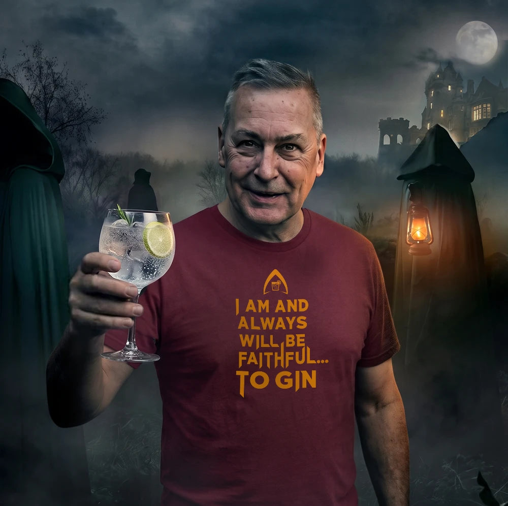 A man wearing a maroon t-shirt with yellow text that reads 'I AM AND ALWAYS WILL BE FAITHFUL TO GIN'.