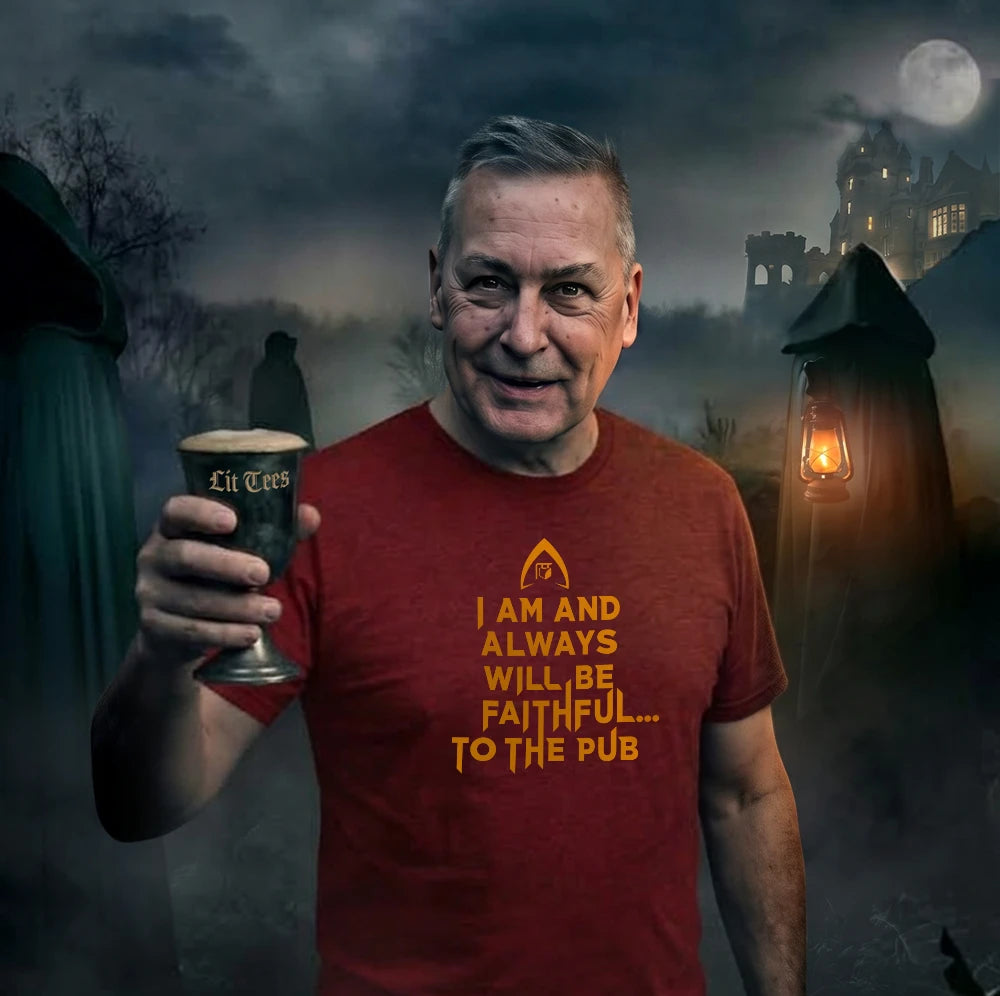 A man in a red graphic t-shirt holding a pint of Pub Esprit stout, set against a dark, spooky Halloween-themed background with cloaked figures and a full moon. Tee shirt reads: 'I am and always will be faithful to the pub.'