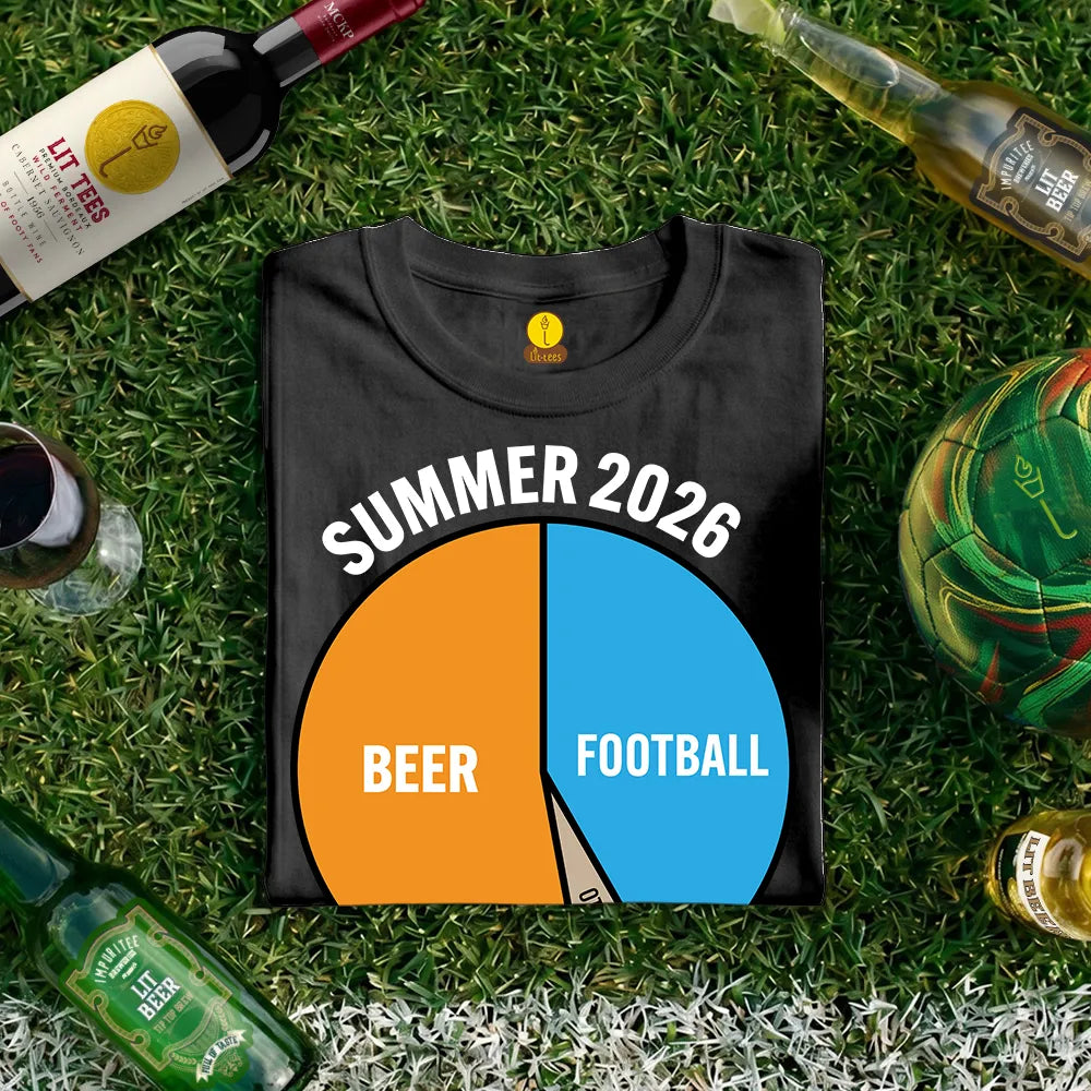 Black t-shirt with 'Summer 2026 Beer Football' pie chart design on grass with beer bottles and a soccer ball.