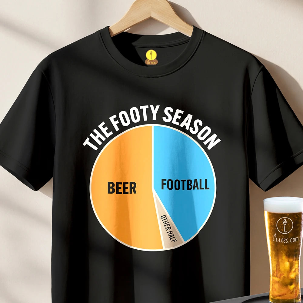 A black short-sleeve football themed  t-shirt with a  pie chart graphic divided into Beer, Football and The Other Half