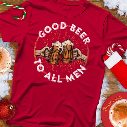 Red Christmas t-shirt with 'Good Beer to All Men' graphic on a festive background with candy canes and hot chocolate.