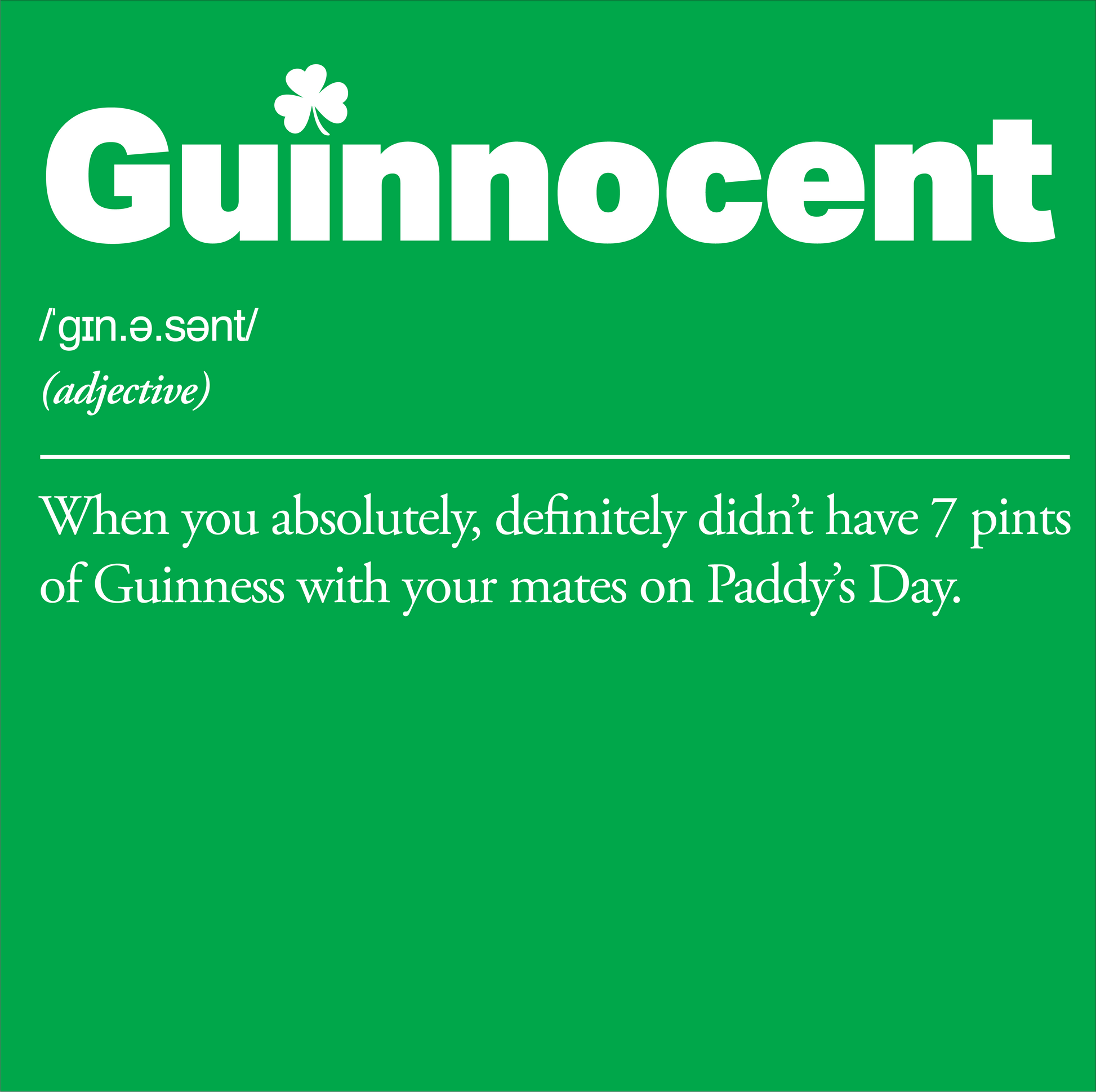 Green background with 'Guinnocent' text and definition on a white background