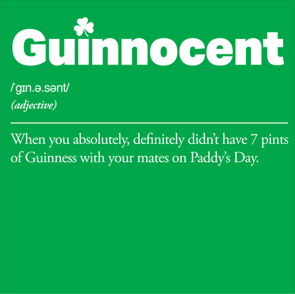 Green background with 'Guinnocent' text and definition on a white background
