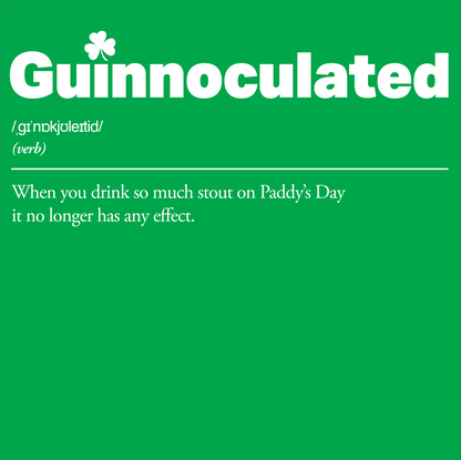 Green background with 'Guinnoculated' definition and St. Patrick's Day definition.
