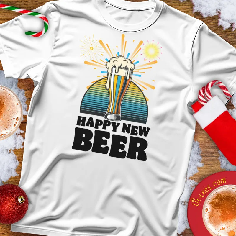 White Christmas t-shirt with 'Happy New Beer' design on a festive background with drinks and decorations.