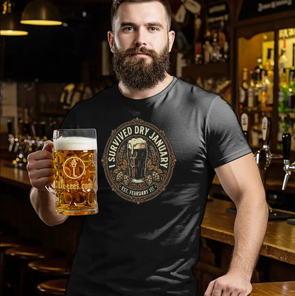 Man holding a beer mug wearing a t-shirt with a 'I Survived Dry January' design in a bar setting.