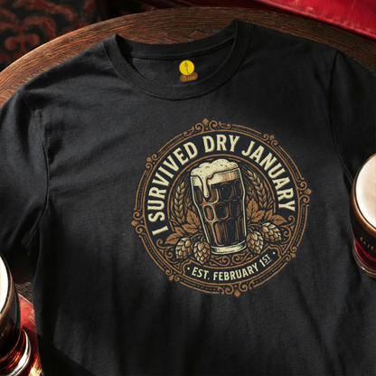Black t-shirt with 'I Survived Dry January' design featuring a beer glass and hops, placed on a wooden bar table.