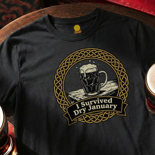 Black t-shirt with a graphic of a mug of beer and 'I Survived Dry January' text, placed on a wooden bar table.