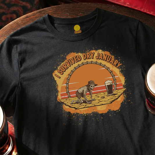 Black t-shirt with a graphic of a skeleton and 'I Survived Dry January' text on a wooden bar table.