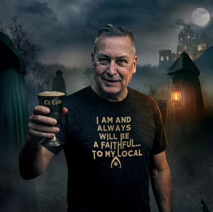 A man wearing a black graphic t-shirt with gold text that reads 'I AM AND ALWAYS WILL BE A FAITHFUL.