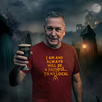 A man wearing a red graphic t-shirt with yellow text that reads 'I AM AND ALWAYS WILL BE A FAITHFUL.