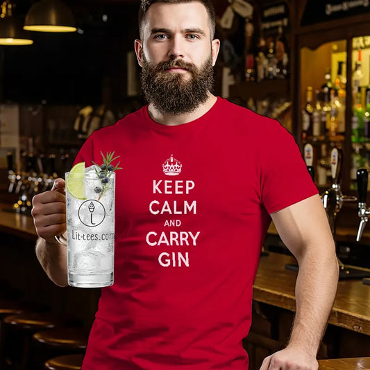 Man wearing a red t-shirt with 'Keep Calm and Carry Gin' text, holding a large gin cocktail in a bar setting.